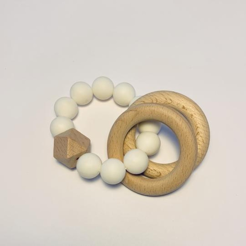 Sugar + Maple Silicone + Beechwood 2 Ring Teether – White