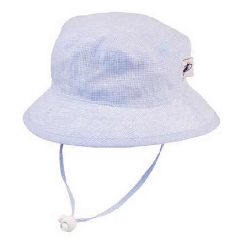 Puffin Gear Linen Camp Hat – Sky Blue Check (XS, 12-24 Months)